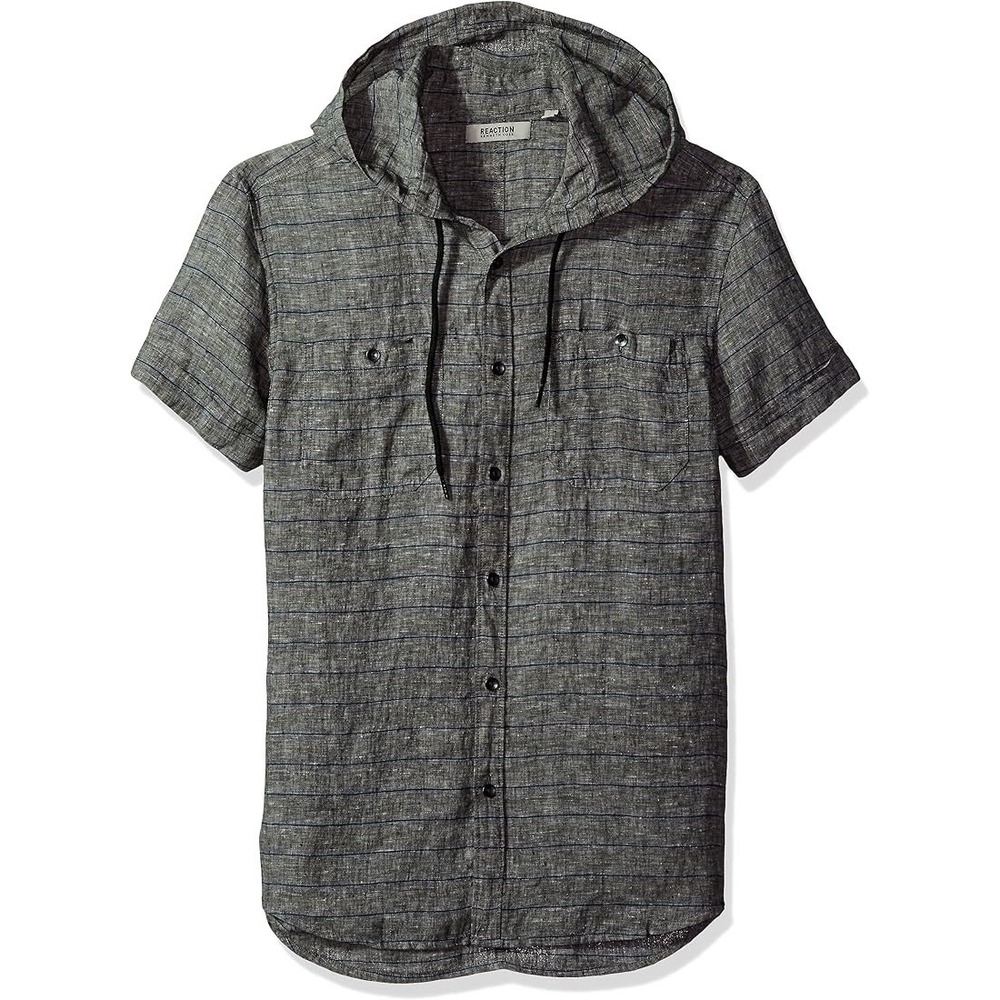 Coastal Linen Kenneth Cole‎ Reaction Hooded Shirt Mens Small Grey Blue Striped